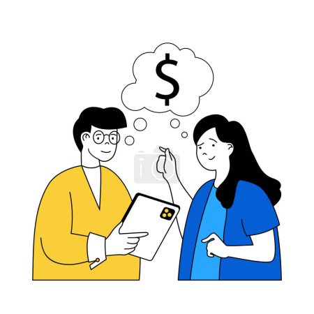 Illustration for Business concept with cartoon people in flat design for web. Man and woman discussing budget for investment and company earn revenue. Vector illustration for social media banner, marketing material. - Royalty Free Image
