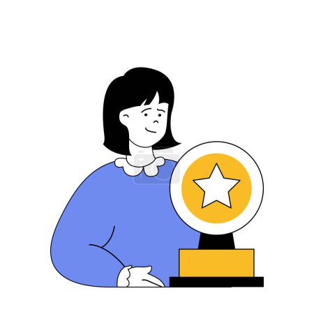 Illustration for Social network concept with cartoon people in flat design for web. Woman creating posts to blog, getting stars and winning trophy. Vector illustration for social media banner, marketing material. - Royalty Free Image