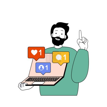 Illustration for Social network concept with cartoon people in flat design for web. Man connecting online with followers and answering comments. Vector illustration for social media banner, marketing material. - Royalty Free Image
