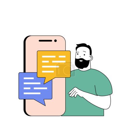 Illustration for Social network concept with cartoon people in flat design for web. Man chatting with online friends using mobile phone application. Vector illustration for social media banner, marketing material. - Royalty Free Image