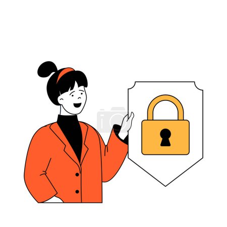 Ilustración de Concepto de seguridad cibernética con personajes de dibujos animados en diseño plano para web. La mujer utiliza un sistema de seguridad con acceso al candado y llave de seguridad. Ilustración vectorial para banner de redes sociales, material de marketing. - Imagen libre de derechos
