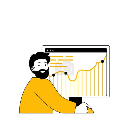 Illustration for Digital business concept with cartoon people in flat design for web. Man making financial analysis and working with chart at computer. Vector illustration for social media banner, marketing material. - Royalty Free Image