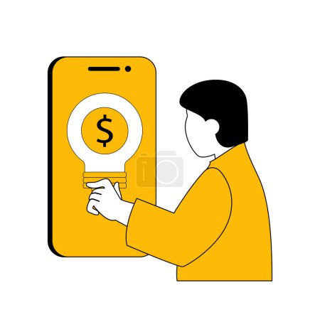 Illustration for Digital business concept with cartoon people in flat design for web. Man brainstorming and sets financial goals in mobile phone app. Vector illustration for social media banner, marketing material. - Royalty Free Image