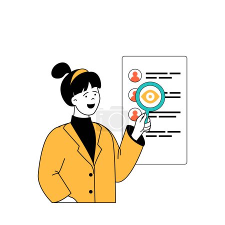 Illustration for Marketing and development concept with cartoon people in flat design for web. Woman makes market research and searching new clients. Vector illustration for social media banner, marketing material. - Royalty Free Image
