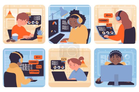 Illustration for Programming concept with people situation set in flat web design. Bundle scenes with multiethnic diverse characters coding and creating software at computer and laptop in office. Vector illustrations. - Royalty Free Image