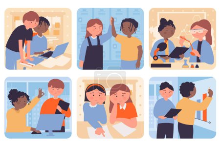 Illustration for Teamwork concept with people situation set in flat web design. Bundle scenes with multiethnic diverse characters work together, students learning, classmates doing homework. Vector illustrations. - Royalty Free Image