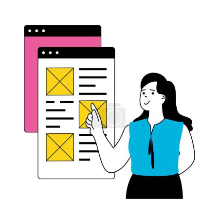 Illustration for Design development concept with cartoon people in flat design for web. Woman making wireframe interface layout at mobile app screen. Vector illustration for social media banner, marketing material. - Royalty Free Image