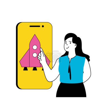 Illustration for Design development concept with cartoon people in flat design for web. Woman launching startup of creative agency of mobile apps. Vector illustration for social media banner, marketing material. - Royalty Free Image