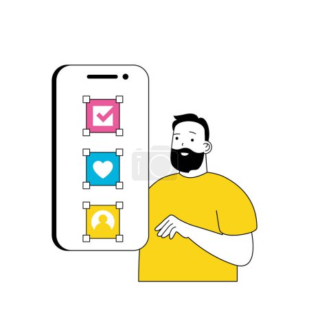 Illustration for Design development concept with cartoon people in flat design for web. Man placing elements and images at mobile application layout. Vector illustration for social media banner, marketing material. - Royalty Free Image