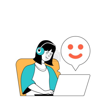 Illustration for Social media concept with cartoon people in flat design for web. Woman chatting at laptop with users and sending emoticons reaction. Vector illustration for social media banner, marketing material. - Royalty Free Image