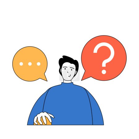 Illustration for Social media concept with cartoon people in flat design for web. Man with question searching information and communicating online. Vector illustration for social media banner, marketing material. - Royalty Free Image