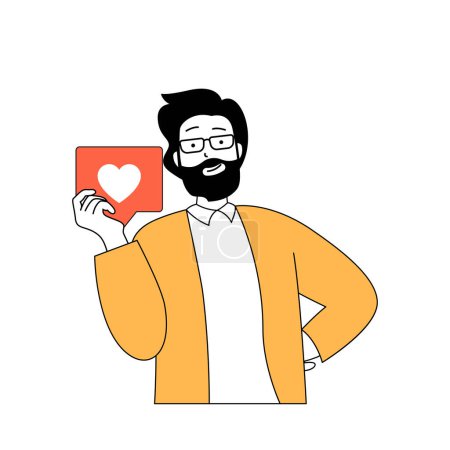 Téléchargez les illustrations : Social media concept with cartoon people in flat design for web. Man sharing posts and information online and getting likes in blog. Vector illustration for social media banner, marketing material. - en licence libre de droit