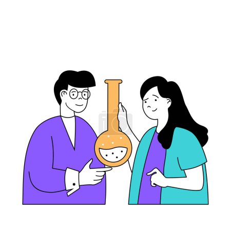 Ilustración de Education concept with cartoon people in flat design for web. Students making chemical research in test tubes, learning at laboratory. Vector illustration for social media banner, marketing material. - Imagen libre de derechos