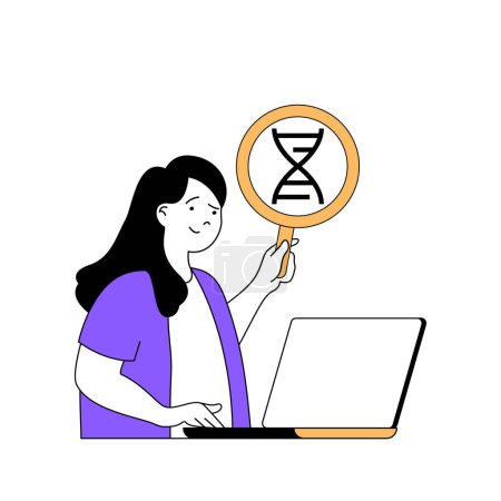 Illustration for Education concept with cartoon people in flat design for web. Student with magnifier researching dna and learning online at laptop. Vector illustration for social media banner, marketing material. - Royalty Free Image