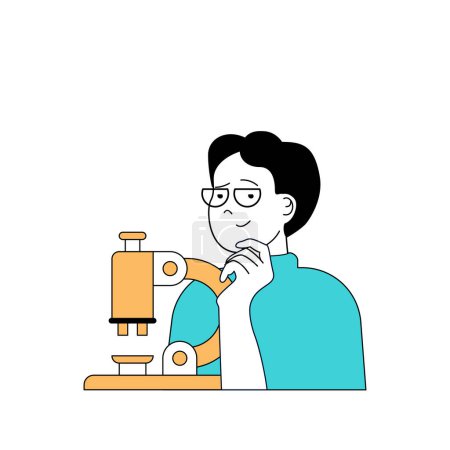 Illustration for Education concept with cartoon people in flat design for web. Student making science research with microscope, learning microbiology. Vector illustration for social media banner, marketing material. - Royalty Free Image