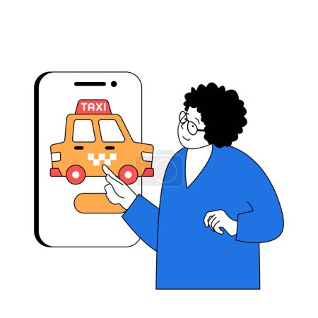 Ilustración de Travel concept with cartoon people in flat design for web. Woman going to vacation rest and booking taxi using online service in app. Vector illustration for social media banner, marketing material. - Imagen libre de derechos