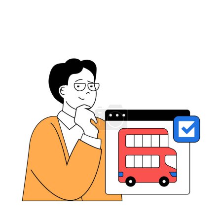 Illustration for Travel concept with cartoon people in flat design for web. Man going to vacation in new city and booking ticket to excursion bus. Vector illustration for social media banner, marketing material. - Royalty Free Image
