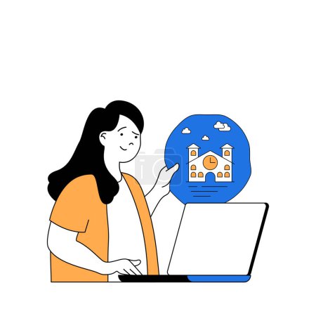 Illustration for Travel concept with cartoon people in flat design for web. Woman researching information for going to trip with sightseeing excursions. Vector illustration for social media banner, marketing material. - Royalty Free Image