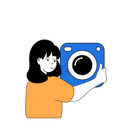 Illustration for Travel concept with cartoon people in flat design for web. Woman with camera making lot og photos with memory moments from vacation. Vector illustration for social media banner, marketing material. - Royalty Free Image