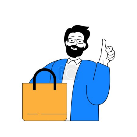 Illustration for Delivery concept with cartoon people in flat design for web. Man shopping and ordering goods in cardboard bags, using shipment service. Vector illustration for social media banner, marketing material. - Royalty Free Image