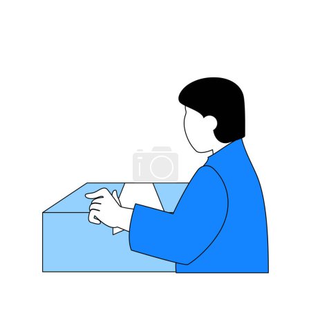 Illustration for Delivery concept with cartoon people in flat design for web. Man examining and receiving parcel in cardboard box at post company. Vector illustration for social media banner, marketing material. - Royalty Free Image
