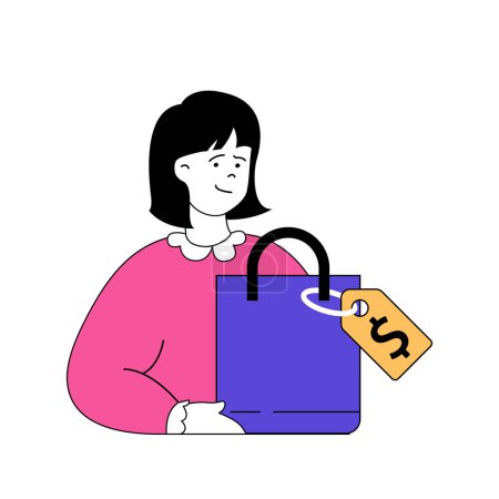 Illustration for Shopping concept with cartoon people in flat design for web. Woman making purchases and paying with bargain prices using coupons . Vector illustration for social media banner, marketing material. - Royalty Free Image