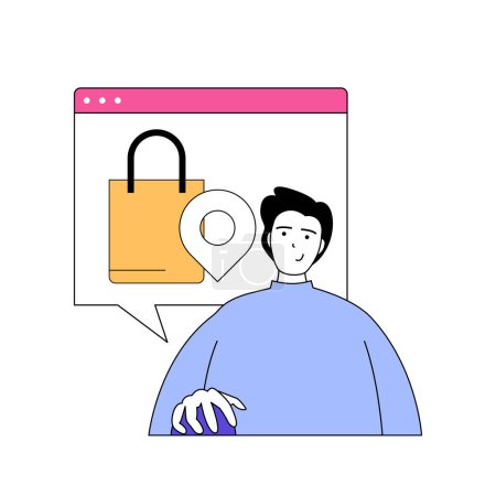 Illustration for Shopping concept with cartoon people in flat design for web. Man searching and choosing goods in online store, ordering delivery. Vector illustration for social media banner, marketing material. - Royalty Free Image