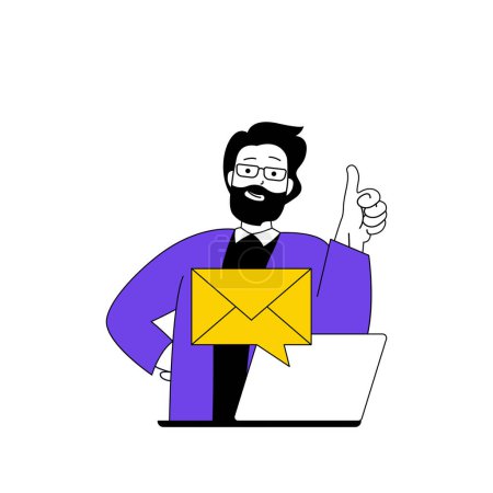 Illustration for Contact us concept with cartoon people in flat design for web. Man answering client letter, giving information to customers in emails. Vector illustration for social media banner, marketing material. - Royalty Free Image
