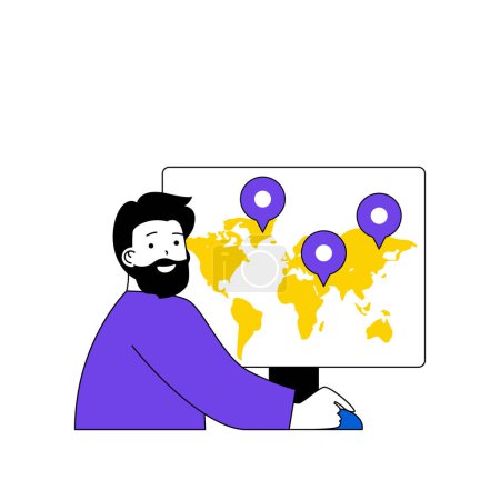 Illustration for Contact us concept with cartoon people in flat design for web. Man connecting online with clients by different locations in world. Vector illustration for social media banner, marketing material. - Royalty Free Image