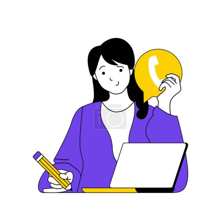 Illustration for Contact us concept with cartoon people in flat design for web. Woman works as operator and answering clients calling in support center. Vector illustration for social media banner, marketing material. - Royalty Free Image