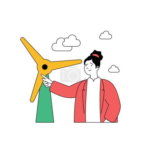 Illustration for Ecology concept with cartoon people in flat design for web. Woman using wind turbine for getting green alternative electricity energy. Vector illustration for social media banner, marketing material. - Royalty Free Image