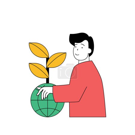 Illustration for Ecology concept with cartoon people in flat design for web. Man protecting plants and forest, saving earth planet from climate change. Vector illustration for social media banner, marketing material. - Royalty Free Image