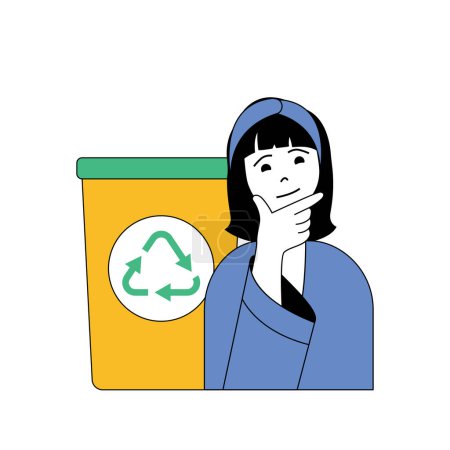 Ilustración de Concepto de ecología con personajes de dibujos animados en diseño plano para web. Mujer recogiendo basura para separar los contenedores para reciclar la basura y reutilizarla. Ilustración vectorial para banner de redes sociales, material de marketing. - Imagen libre de derechos