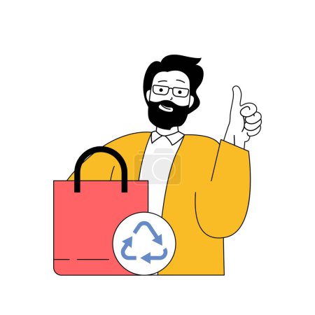 Illustration for Ecology concept with cartoon people in flat design for web. Man leads zero waste lifestyle, shopping at eco responsibility businesses. Vector illustration for social media banner, marketing material. - Royalty Free Image