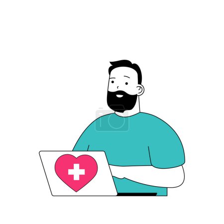 Illustration for Medical concept with cartoon people in flat design for web. Man works as doctor and giving online consultations by laptop at clinic. Vector illustration for social media banner, marketing material. - Royalty Free Image
