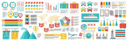 Illustration for Mega set of travel infographic elements data visualization vector design template. Can be used for steps, options, business process, workflow, diagram, flowchart, timeline. Bundle info graphics. - Royalty Free Image