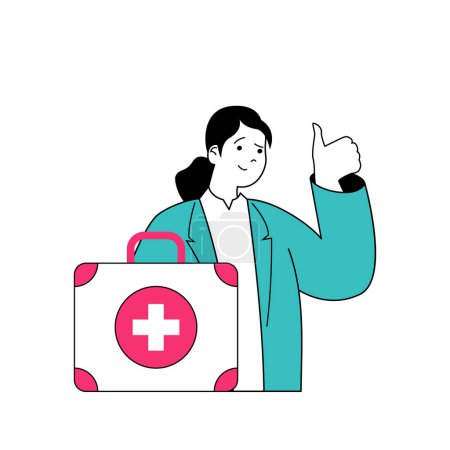 Illustration for Medical concept with cartoon people in flat design for web. Woman with first aid kit works as paramedic, giving first emergency help. Vector illustration for social media banner, marketing material. - Royalty Free Image