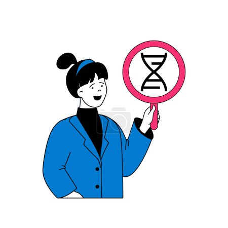 Illustration for Medical concept with cartoon people in flat design for web. Woman with magnifier doing scientific research of dna in laboratory. Vector illustration for social media banner, marketing material. - Royalty Free Image
