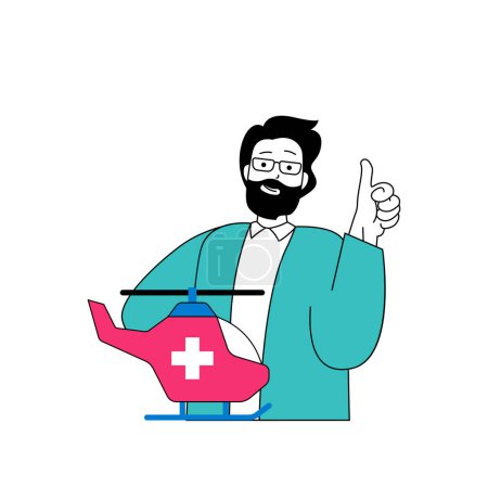 Illustration for Medical concept with cartoon people in flat design for web. Man works as paramedic in ambulance helicopter, helps and rescue patients. Vector illustration for social media banner, marketing material. - Royalty Free Image