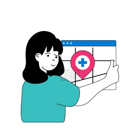 Illustration for Medical concept with cartoon people in flat design for web. Woman works as nurse, consulting patients, giving location address at map. Vector illustration for social media banner, marketing material. - Royalty Free Image