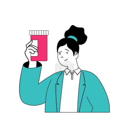 Ilustración de Concepto médico con personajes de dibujos animados en diseño plano para web. La mujer trabaja como farmacéutica, consultando a pacientes sobre píldoras en farmacia. Ilustración vectorial para banner de redes sociales, material de marketing. - Imagen libre de derechos