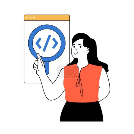 Illustration for Programming concept with cartoon people in flat design for web. Woman works as programmer, researching software and fixing bugs. Vector illustration for social media banner, marketing material. - Royalty Free Image