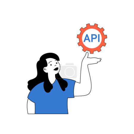 Illustration for Programming concept with cartoon people in flat design for web. Woman working with API, creates interface layouts, makes optimization. Vector illustration for social media banner, marketing material. - Royalty Free Image