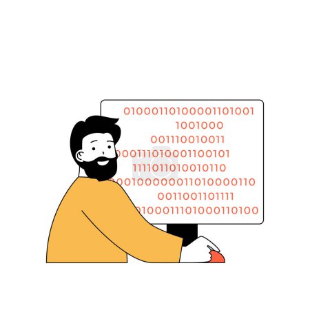Illustration for Programming concept with cartoon people in flat design for web. Man creating product code, searching and fixing bugs before release. Vector illustration for social media banner, marketing material. - Royalty Free Image
