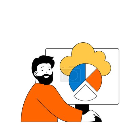 Illustration for Cloud computing concept with cartoon people in flat design for web. Man using cloud processing for data chart analysis at computer. Vector illustration for social media banner, marketing material. - Royalty Free Image