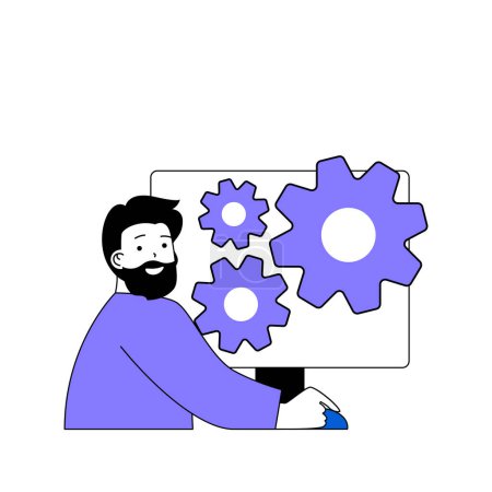 Illustration for Teamwork concept with cartoon people in flat design for web. Man works with team in company, making optimization and improvement. Vector illustration for social media banner, marketing material. - Royalty Free Image