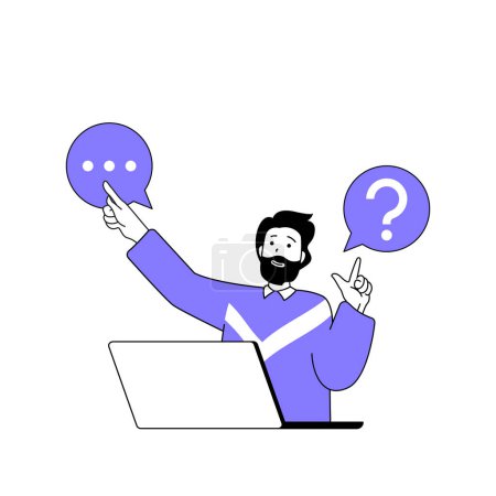 Illustration for Teamwork concept with cartoon people in flat design for web. Man with questions connecting with colleagues and brainstorming online. Vector illustration for social media banner, marketing material. - Royalty Free Image