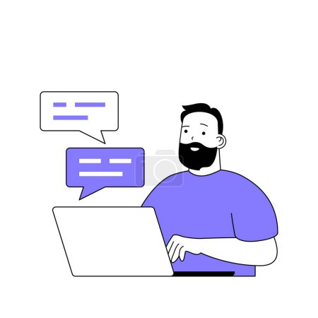 Illustration for Teamwork concept with cartoon people in flat design for web. Man chatting with colleagues at laptop messenger and discussing tasks. Vector illustration for social media banner, marketing material. - Royalty Free Image