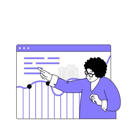 Illustration for Teamwork concept with cartoon people in flat design for web. Woman analysing financial data at graph, making report for colleagues. Vector illustration for social media banner, marketing material. - Royalty Free Image