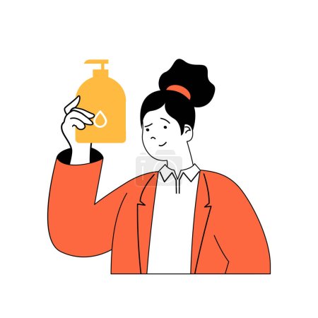 Ilustración de Concepto de Coronavirus con gente de dibujos animados en diseño plano para web. Mujer que usa gel antiséptico para lavarse las manos y prevenir enfermedades. Ilustración vectorial para banner de redes sociales, material de marketing. - Imagen libre de derechos